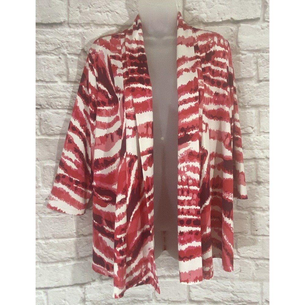 Slinky Brand Large Red Pink Abstract Open Front Cardigan Top 3/4 Sleeves Stretch